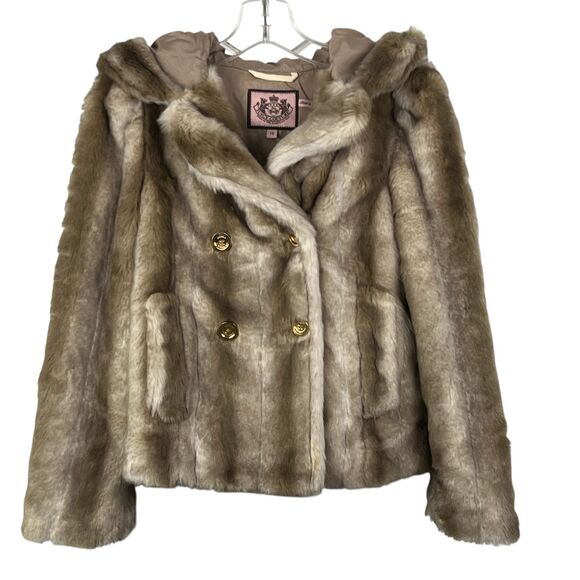Juicy Couture Faux Rabbit Fur Coat Girls Size 10 Brown Plush Jacket
